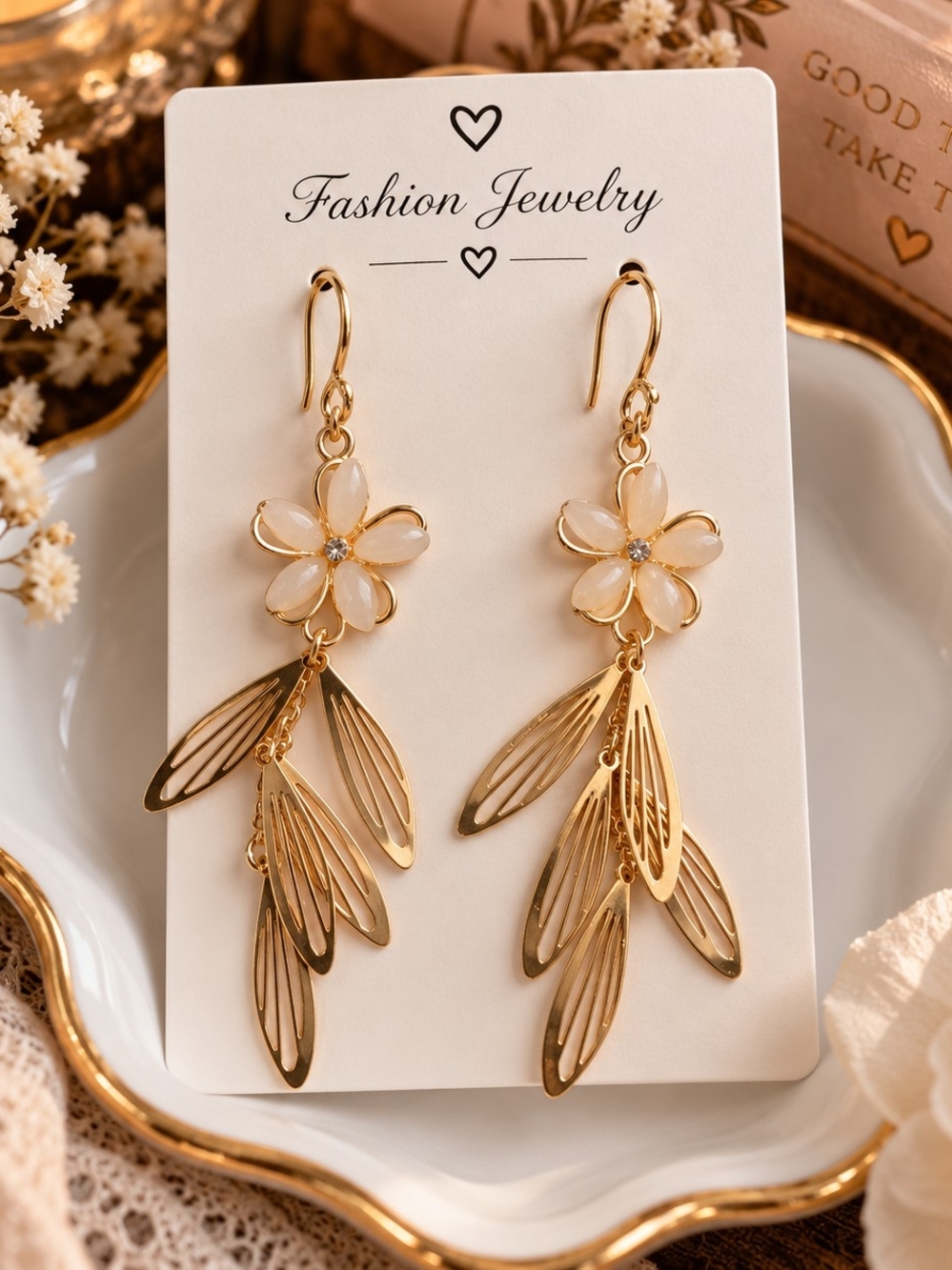 Gold Tone Metal Floral Dangle Drop Earrings with White Faux Pearl Petals New